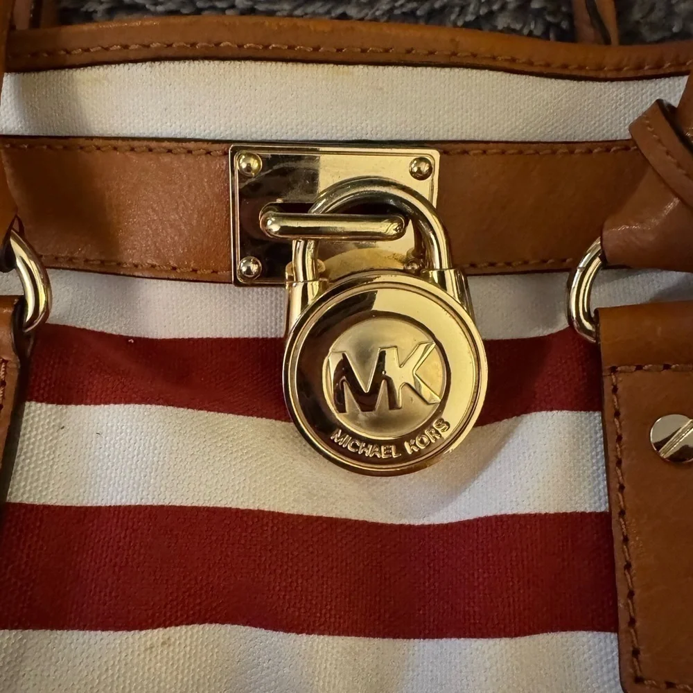 MICHAEL KORS Red and White Striped Hamilton Bag